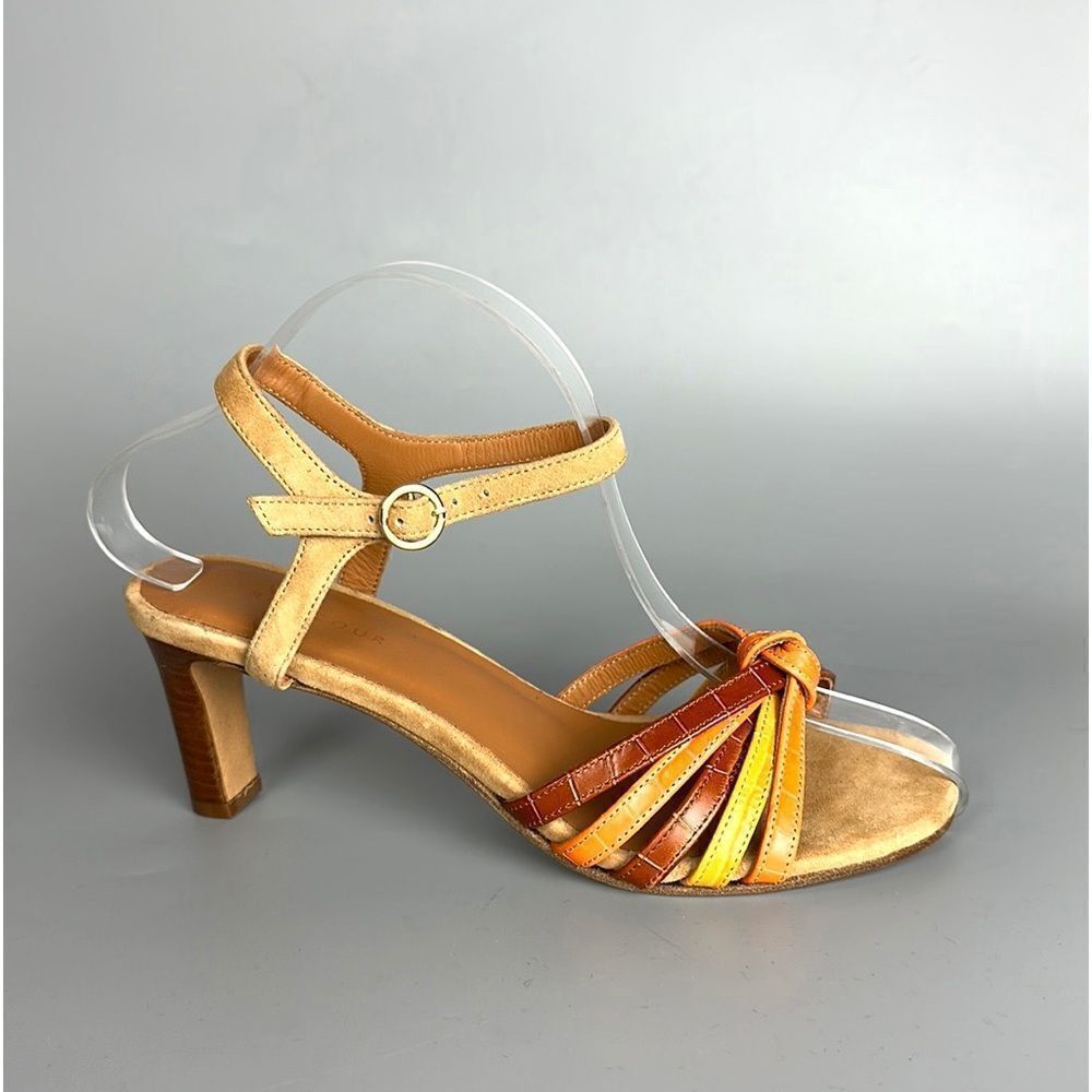 NWOB RIVECOUR Strappy Heeled Sandals Leather Suede Orange Yellow Brown 36 US 5